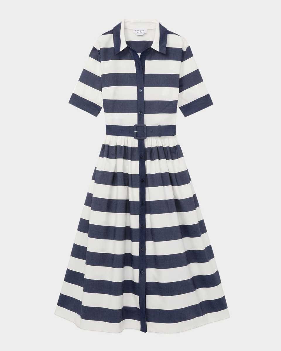 belted sailor stripe poplin midi shirtdress